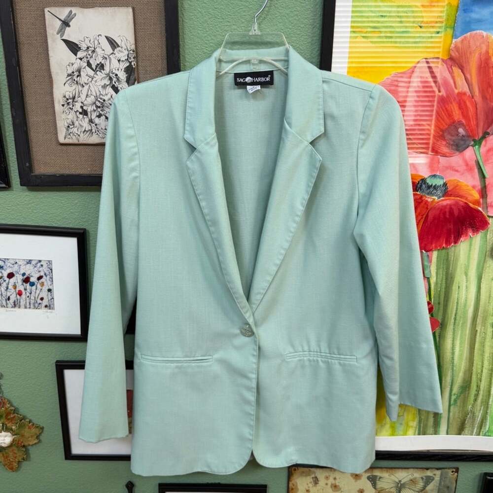Sag Harbor Blazer Womens Sz 12 Mint Green Pastel Linen Look Casual Sport Coat